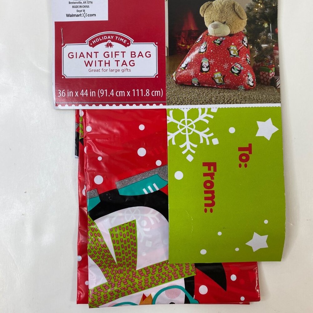 Holiday Time Giant Penguin Gift 36" x 44"  Bag With Tag For Large Gifts